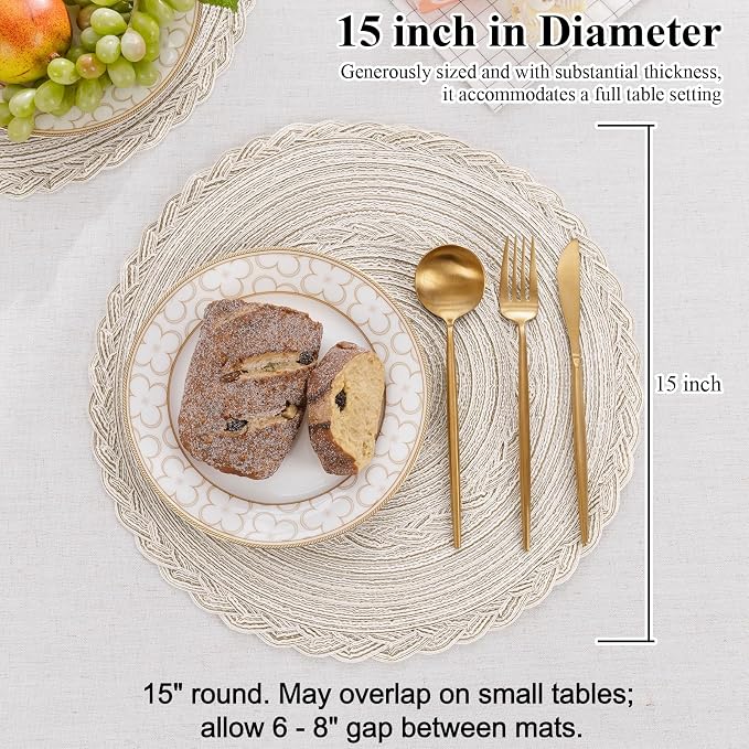 SHACOS 15 inch Round Braided Placemats Set of 12 for Dining Table Woven Boho Place Mats Kitchen Placemat Washable Table Mats, Ivory Bordered