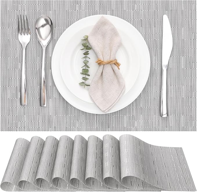 Myir JUN Placemats Set of 8 Kitchen and Dining Table Placemats | Vinyl Placemats Place Mats Indoor/Outdoor Set of 8 Washable Table Mats Non-Slip Place mats for Dining Table, Silver