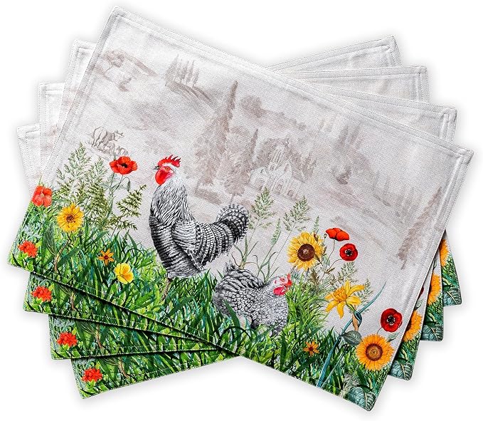 Maison d' Hermine Placemats Set of 4 Reusable 100% Cotton (13"x19") | Cloth Place Mats Washable Table Mats for Kitchen Dining Party Wedding Hotel Home Restaurant Spring Summer - Basse Cour
