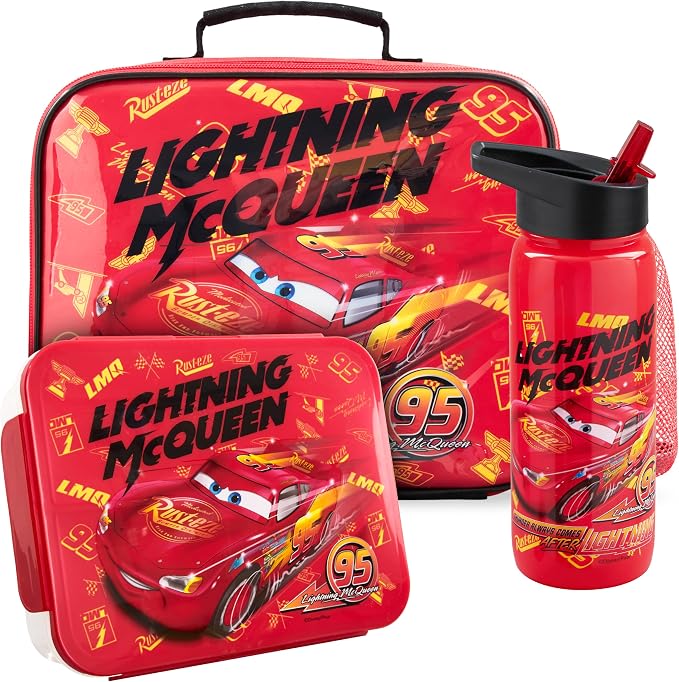Get Trend Disney Cars Lightning McQueen Lunch Bag, Bento Box & Water Bottle | 3 Pc Set, Insulated Lunch Bag, Lightweight Snack Box, 22 fl oz BPA-Free Water Bottle with Straw, School Picnic Gifts for Boys