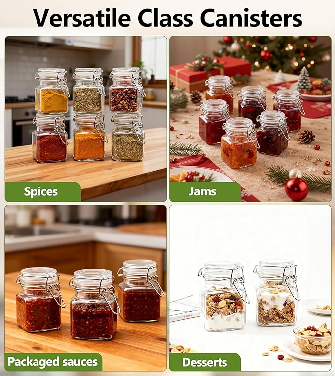 Spice Jars 20 Pack 4 oz Small Glass Jars with Airtight Hinged Lids for Herb | Spice Containers with Labels,Marker,Spoons,Funnel for Seasoning,Honey Kitchen Wedding Favors