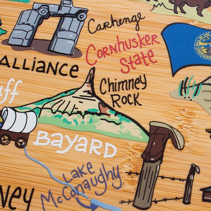 Totally Bamboo Nebraska State Shaped Cutting Board, Art by Fish Kiss | State charcuterie board with colorful hand-drawn map artwork. Smooth reverse side for food prep. Hang tie for wall display.