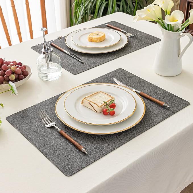Romanstile Vinyl Placemats Set of 4-12 X 17 Inch - Faux Leather 100% Waterproof Wipeable Anti Slip Place Mats, Heat Resistant Reversible PU Table Mats for Kitchen Dining Party Outdoor, Dark Grey