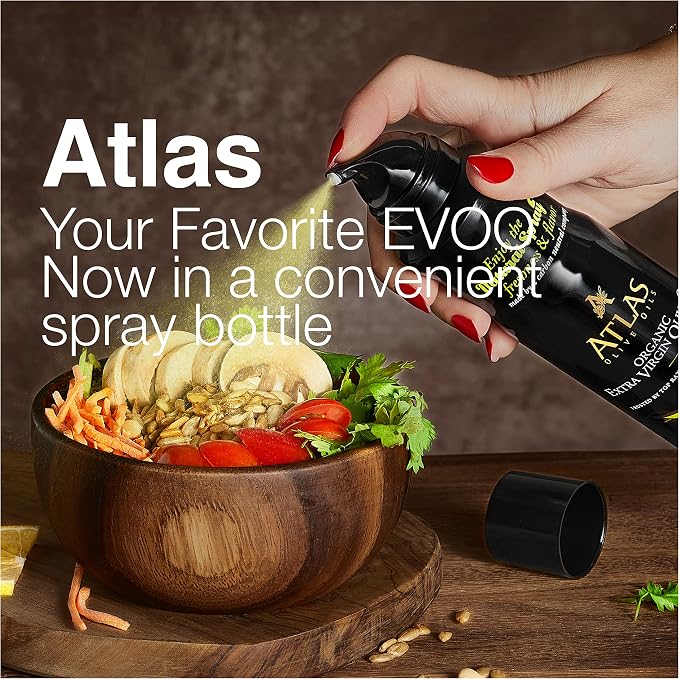 Atlas Organic Extra Virgin Olive Oil Cooking Spray, 5.4 fl oz | Gourmet EVOO, Olive Oil Extra Virgin Dual Spray & Stream For Cooking, Baking & Nonstick Prep, Polyphenol-Rich, Keto-Friendly