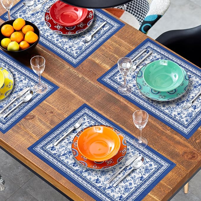 Blue Floral Branches Placemats Set of 4 ，12 x 18 Inch Chinoiserie Table Mats Washable Heat Resistant Linen Fabric Rectangle Place Mat for Indoor Outdoor Kitchen Dining Home Decor