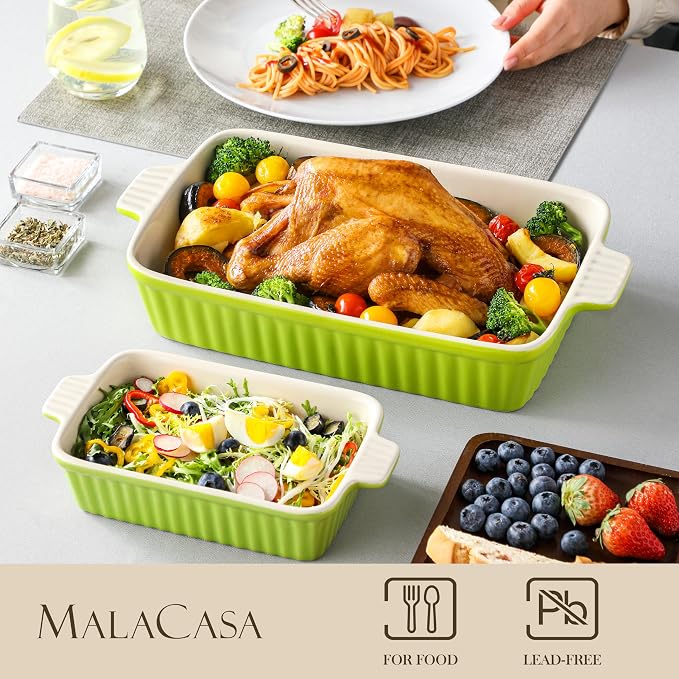 MALACASA Ceramic Baking Dishes Set of 4, Deep Casserole Dish, Green | Deep Lasagna Pans for Versatile Use, Durable Bakeware for Roasting Vegetable, Gift Set, Dishwasher Safe(9.4/11.1/12.2/14.7")