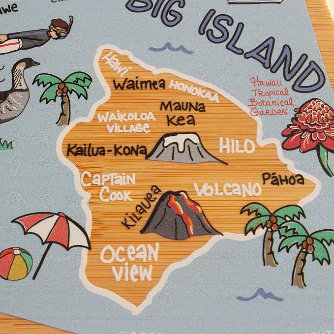 Totally Bamboo Hawaii State Shaped Cutting Board, Art by Fish Kiss | State charcuterie board with colorful hand-drawn map artwork. Smooth reverse side for food prep. Hang tie for wall display.