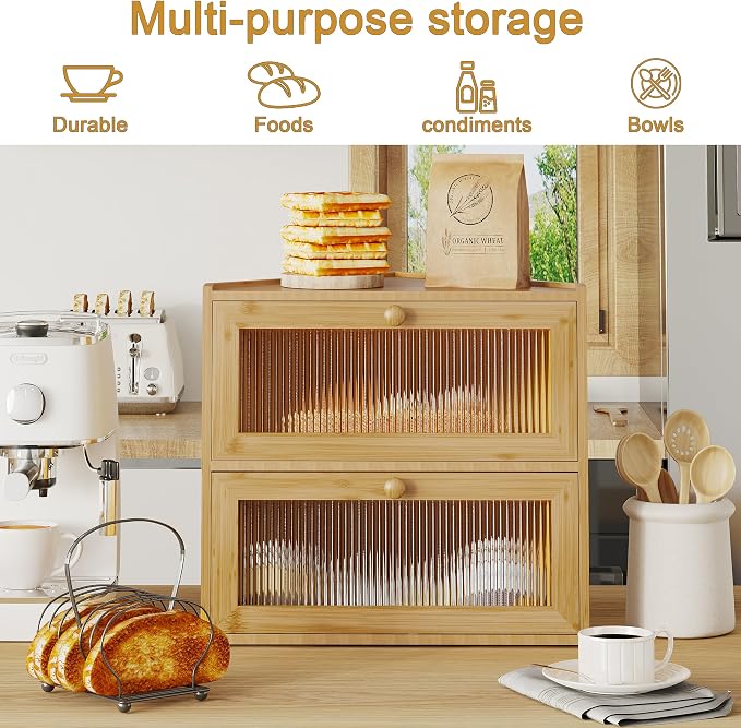 BAMBANG Corner Bread Box for Kitchen Countertop, Double Layer Bamboo Bread Storage Container with Wavy Windows, Farmhouse Large Bread Bin, Wooden Breadbox Holder for Homemade Bread (Natural)