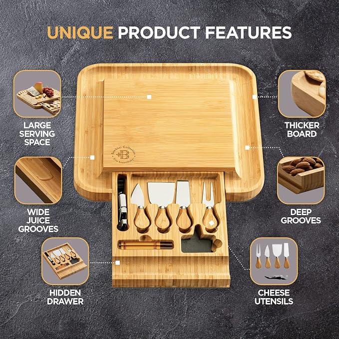 Charcuterie Boards Gift Set, Bamboo Cheese Board with Serving Accessories | House Warming Gifts New Home, Birthday Gifts for Women, Gifts for Men and Mom, Wedding, Bridal Shower, Anniversary Present