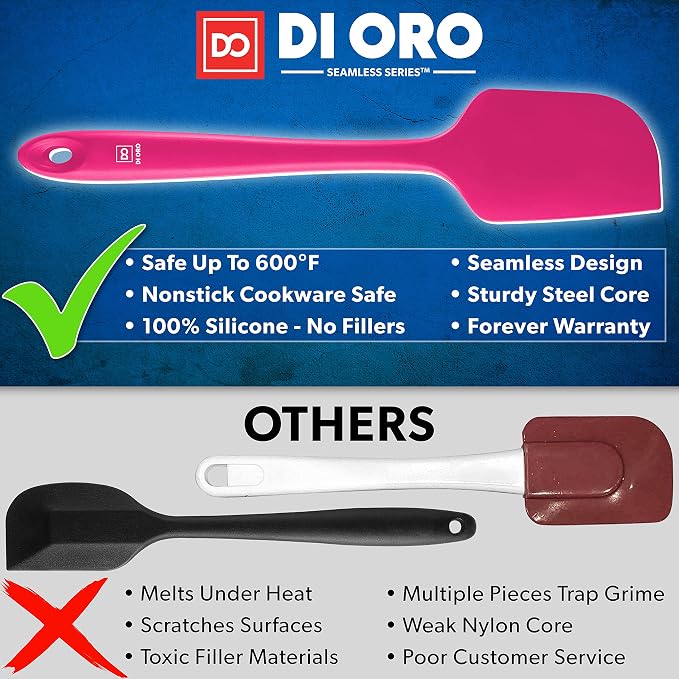 DI ORO Silicone Spatula Set - 600F Heat Resistant, 3-Pc Magenta | Rubber scraper won't scratch nonstick pans; For baking, cooking, mixing, and frosting; BPA-free and dishwasher safe