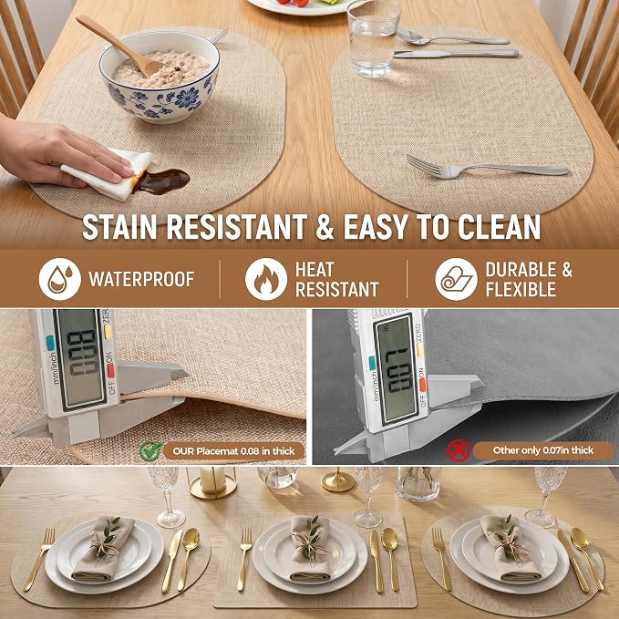Faux Leather Placemats Set of 4, Wipeable Waterproof Stain Resistant Table Mats, Heat Resistant Thick Placemats with Hand-Painted Edges for Kitchen Dining, Imitative Linen Texture, Various Shapes