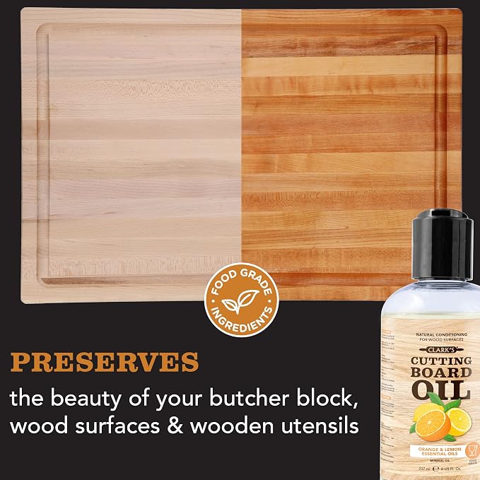 CLARK's Cutting Board Oil 8 oz, Food Grade Mineral Oil with Citrus Scent | Mineral Oil for Wood Cutting Boards, Butcher Blocks, Utensils, Lubricant for Knives. Soak for 3 Hours & Reapply Every 4 Weeks