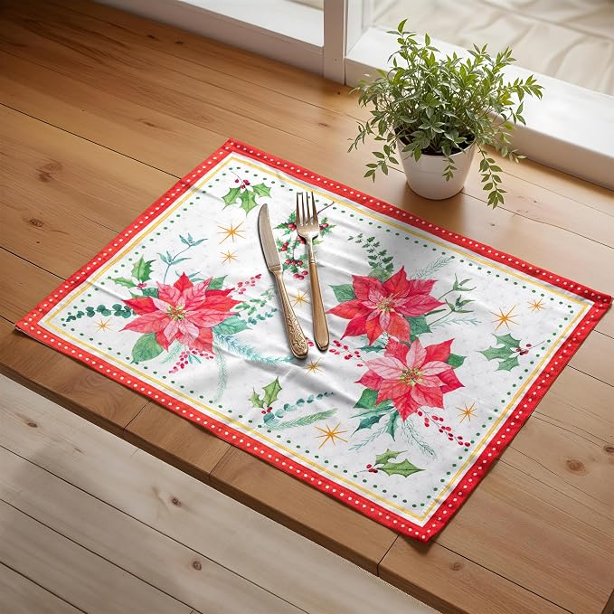Maison d' Hermine Placemats Set of 4 Reusable 100% Cotton (13"x19") | Cloth Place Mats Washable Table Mats for Kitchen Dining Party Wedding Home Thanksgiving Christmas - Poinsettia Christmas