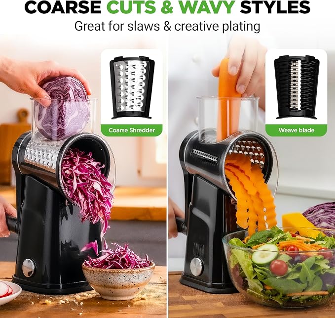 NutriChef 5 in 1 Cheese Grater & Shredder | 5 Different Blades for Thin, Thick, Julienne Strips, Wavy, & Straight Strips | Includes Hand Crank, Strong Suction Base & Storage Container | Black