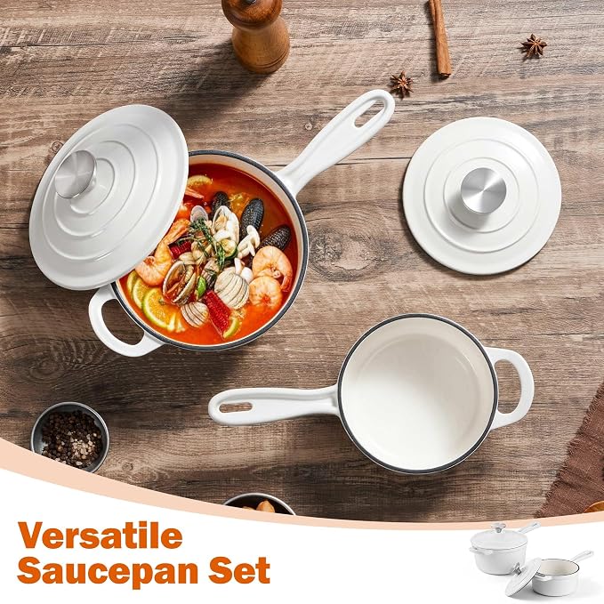 Homikit 1 QT & 2 QT Saucepan Set, Enameled Cast Iron Saucepan with Lid for All Cooktops, Small Pot Mini Dutch Oven for Kitchen Cooking, Boiling, Nonstick & Heavy Duty, White