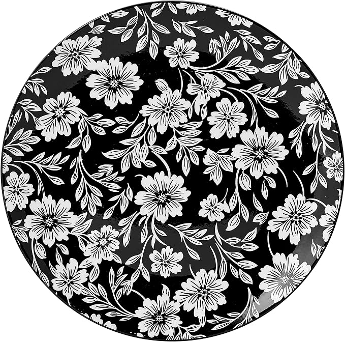 Pfaltzgraff Midnight Blooms 12 Piece Floral Stoneware Dinnerware Plate Bowl Dish Set, Service for 4, Black