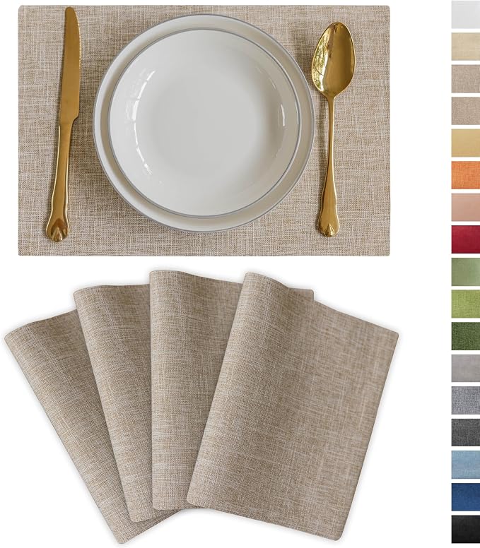 Demetex Burlap Placemats Set of 4 Heat Resistant Decorative Cloth Place Mats Wipeable Lined Linen Table Plate Mats for Party Dinner Gathering, Burlap