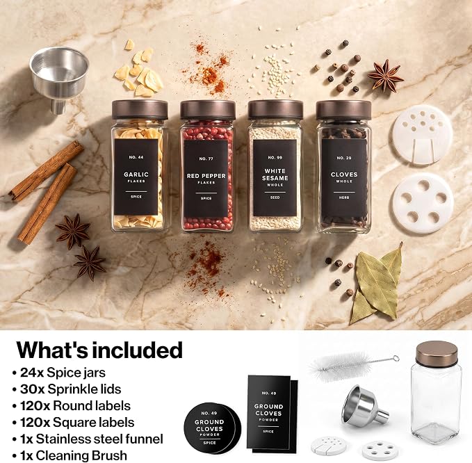 Glass Spice Jars with Label, 24x Champagne Bronze Steel Lids | Airtight Lids keep spices fresh, Kitchen Spice Drawer Organizer, 4oz Seasoning Containers incl. Funnel, Brush & 240 Labels