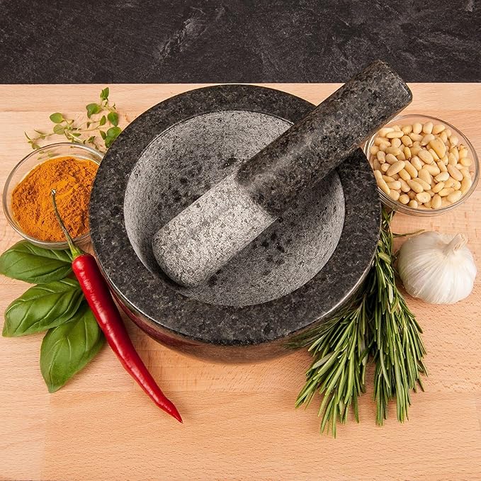 Kota Japan Large Black Granite Mortar & Pestle Natural Stone Grinder for Spices, Seasonings, Pastes, Pestos and Guacamole | Great for grinding spices, seasonings, pastes, pestos, and guacamole. Heavy stone stays put while grinding.