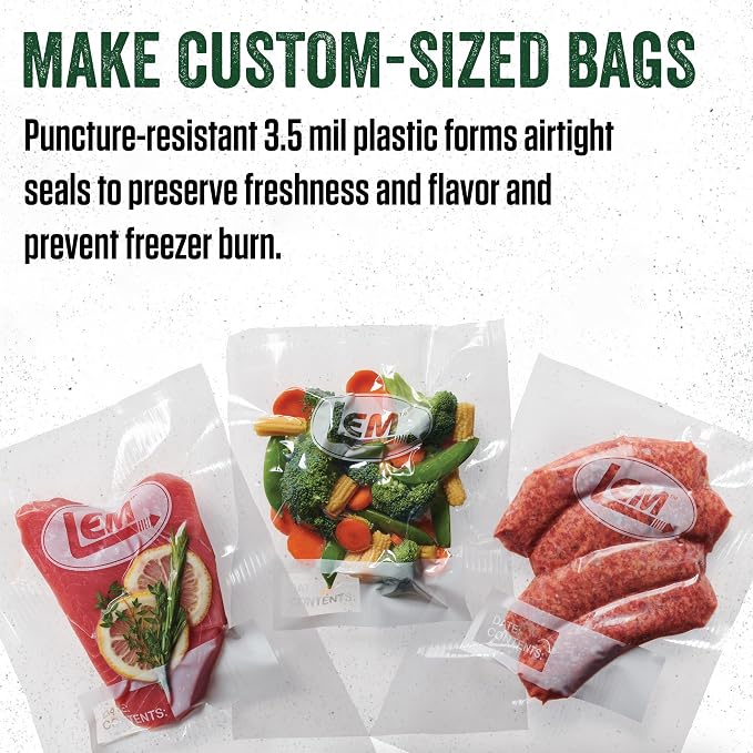 LEM Products MaxVac Vacuum Sealer Bag Roll, 11" x 16', 2 Count | Make Custom Sized Bags for Food Storage, Puncture Resistant, Compatible with Major Vacuum Sealer Brands