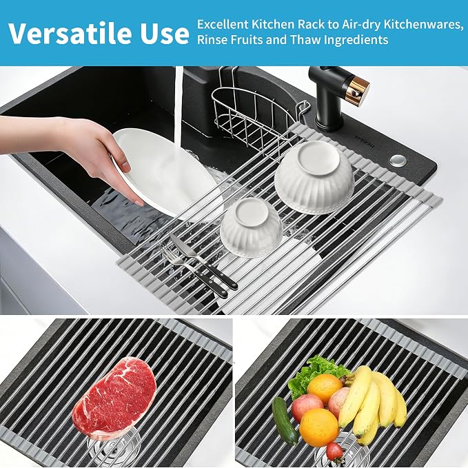 Expandable Roll-UP Dish Drying Rack-Large 304 Stainless Steel Dish Drainer Over The Sink for Kitchen Countertop,Extendable & Rollable & Food Grade (Silver,22.08'x 13.2')