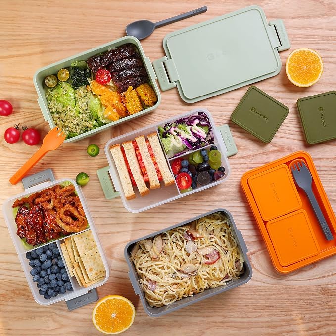 Stackable 2-Tier Adult Bento Box, 4 Compartments - Pale Mint | leakproof bento lunch box with fork & spoon + sauce cups, microwave/dishwasher safe, perfect for office, school & daily meals