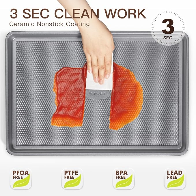 3 Pack Nonstick Ceramic Baking Sheet Pan Set for Oven, Non-Toxic Half/Quarter/Jelly Roll Pans with Diamond Texture, 0.8mm Aluminized Steel Cookie Trays for Cooking, Charcoal Gray