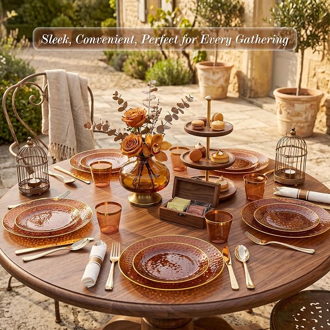 Rubtlamp 700Pcs Amber Gold Plastic Dinnerware Set, Hammered Clear Gold Plates, Fancy Plastic Plates Include 100 Dinner Platos, 100 Salad Platos, 100 Cups,100 Pack Pre Rolled gold plastic Silverware