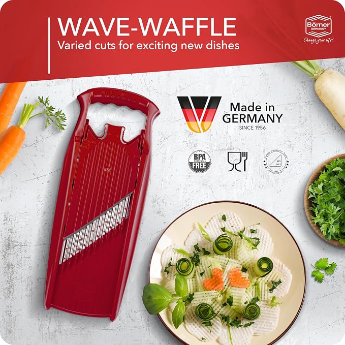 Börner by Reston Lloyd Wave-Waffle Power Line • Crinkle Cut/Spirelli Vegetable Slicer & Food Safety Holder • Slicer for Wave Waffle Cut Style • Multiple Thickness Options • Made in Germany, Red