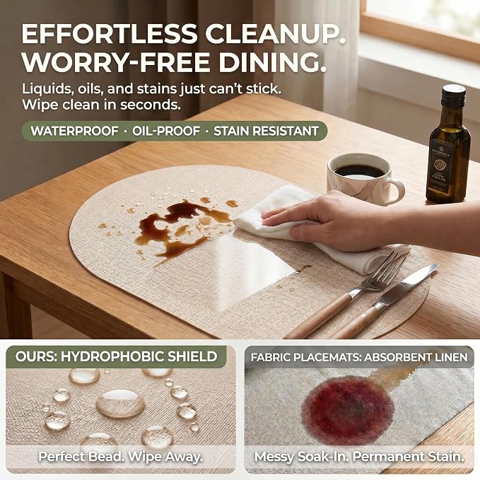 Faux Leather Placemats Set of 4, Wipeable Waterproof Stain Resistant Table Mats, Heat Resistant Thick Placemats with Hand-Painted Edges for Kitchen Dining, Imitative Linen Texture, Various Shapes