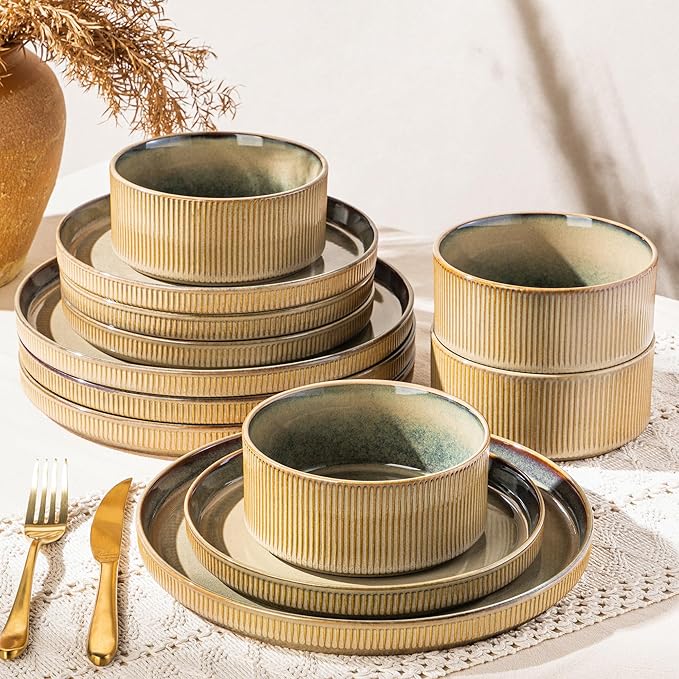 GBHOME Stoneware Dinnerware Sets for 4, 12 Pieces Plates and Bowls Set | Lightweight Ceramic Ribbed Dishes, Reactive Glaze Stackable Plate Set, Scratch Resistant, Microwave & Dishwasher Safe, Khaki