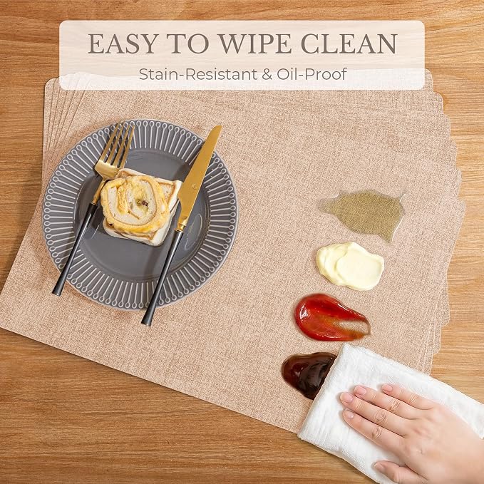Romanstile Vinyl Placemats Set of 4-12 X 17 Inch - Faux Leather 100% Waterproof Wipeable Anti Slip Place Mats, Heat Resistant Reversible PU Table Mats for Kitchen Dining Party Outdoor, Pink