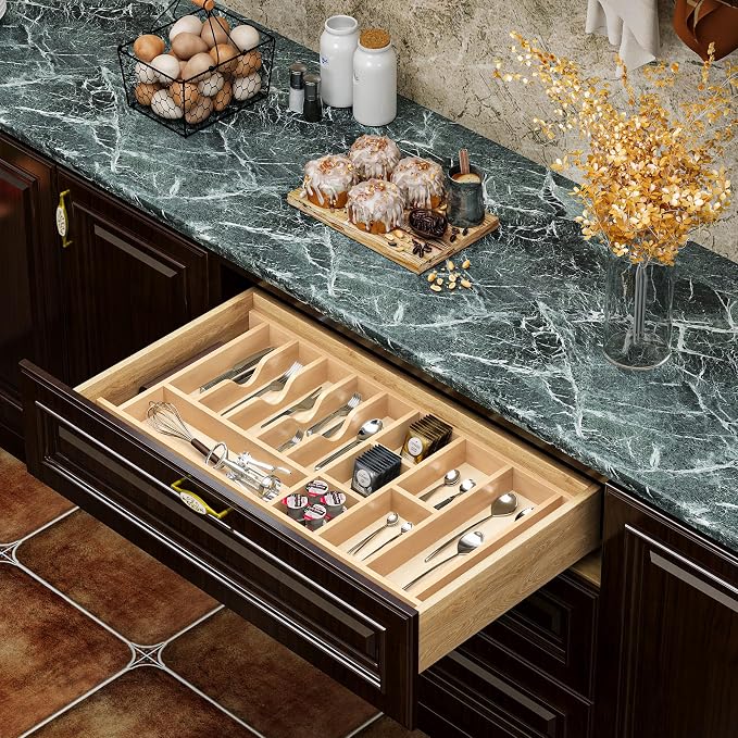 Clikuutory Natural Birch Wood Utensil Drawer Insert Organizer with 15 Compartments, Space-Saving Sturdy Drop-In Cutlery Divider Tray, Kitchen Cabinet Storage for Silverware, Spoons, Forks and Knives