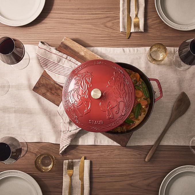 Staub Cast Iron Essential French Oven, Dutch Oven, 5-quart, serves 5-6, Made in France, with Horse Lid - Cherry