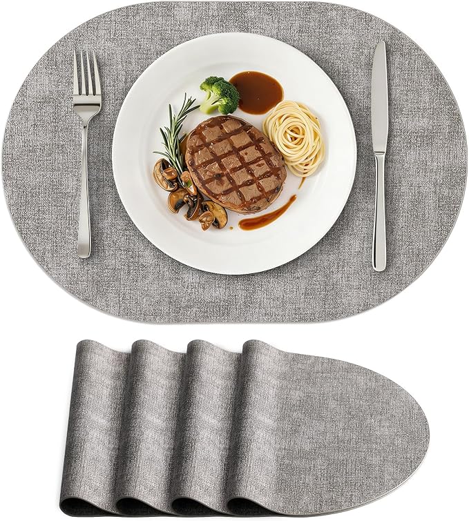 Placemats Set of 4, 11.8 x 17 Inch, Light Grey | Heat Resistant Oval Faux Leather Place Mats, Waterproof Wipeable Reversible PU Placemat, Indoor & Outdoor