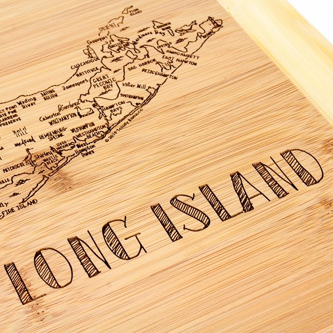Totally Bamboo A Slice of Life Long Island Engraved Map Cutting Board | 11" x 8.75" charcuterie board with engraved map artwork. Smooth reverse side for food prep. Hang tie for wall display.