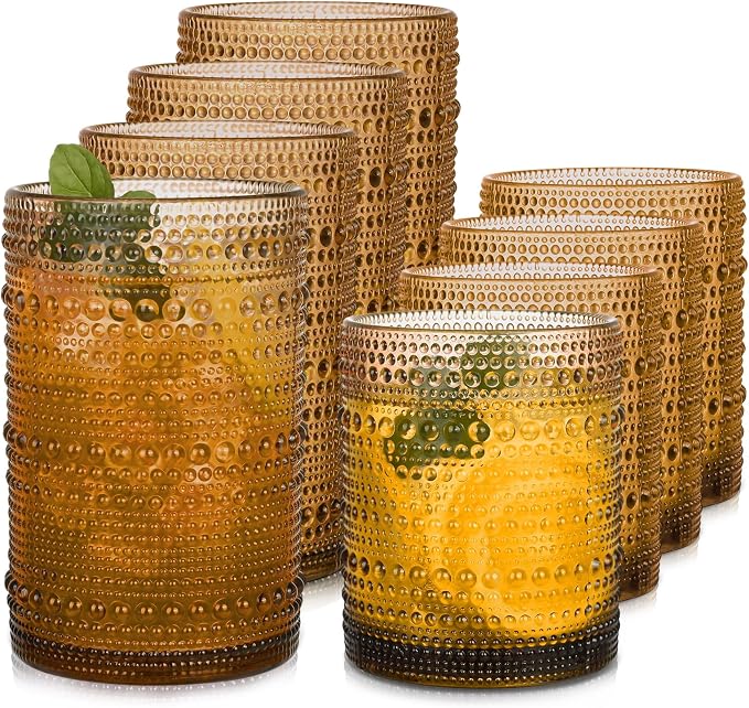 Amber Hobnail Drinking Glasses Set of 8, 15 oz Vintage Highball Glassess & 12 oz Cocktail Glasses, Drinkware Kitchen Glasses for Cocktail, Iced Coffee, Beer, Ice Tea, Wine, Whiskey, Water