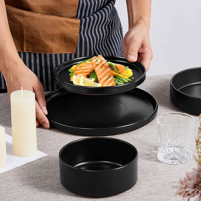 Herogo Dinnerware Sets with Pasta Bowls for 2, 8 Piece Dinner Salad Plates and Cereal Bowls, Stoneware Serving Dishes Dinner Ware for Home Kitchen, Dishwasher & Microwave Safe Dishware, Matte Black