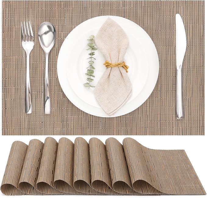 Myir JUN Placemats Set of 8 Kitchen and Dining Table Placemats | Vinyl Placemats Place Mats Indoor/Outdoor Set of 8 Washable Table Mats Non-Slip Place mats for Dining Table, Light Brown