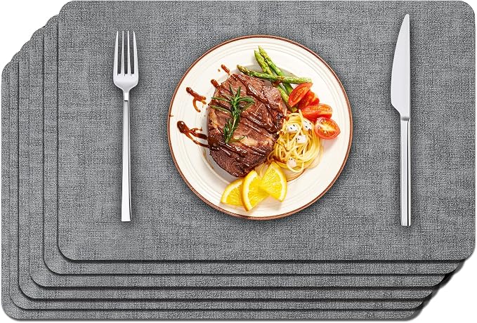 Maxpearl Faux Leather Placemats Set of 6, Easy to Clean, Grey | Waterproof - Heat Resistant - Non Slip - Wipe Clean Dining Table Place Mats, Suitable for Indoor & Outdoor Use, 17''×12''