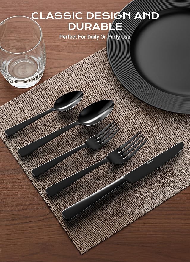 Black Silverware Set, 20-Piece Flatware Set Service for 4, Durable Stainless Steel, Mirror Polished Tableware Eating Cutlery Set, Kitchen Utensils Set with Steak Knives, Dishwasher Safe