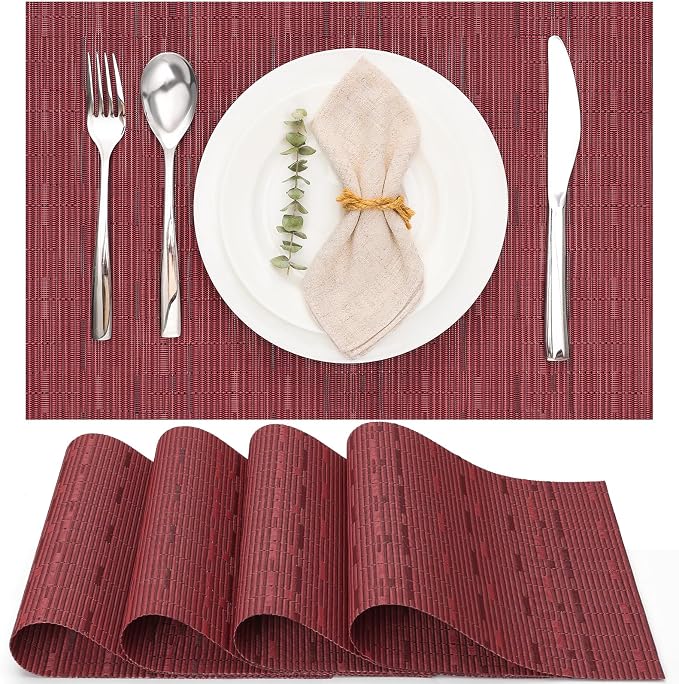 Myir JUN Placemats Set of 4 Kitchen and Dining Table Placemats | Vinyl Placemats Place Mats Indoor/Outdoor Set of 4 Washable Table Mats Non-Slip Place mats for Dining Table, Red