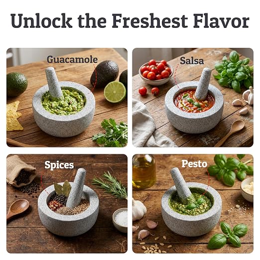 Heavy Duty Large 1.5 Cup Mortar and Pestle Set, 100% Natural Granite, 4.72 Inch Diameter Bowl, 6.2 Inch Pestle, Non-Slip Base, Stone Grinder for Guacamole Salsa Pesto Herbs Spices, Grey