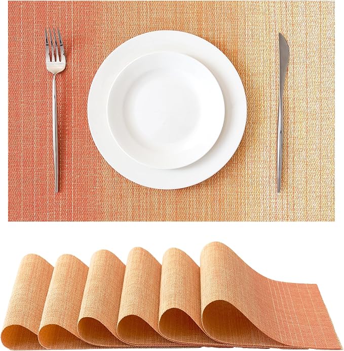 Leetaltree Gradient Burnt Orange Woven Placemats Set of 6 - Heat Resistant Non-Slip Place Mats for Dining Table, Washable Durable PVC Vinyl Woven Table Mats(Gradient Orange-red, 6)