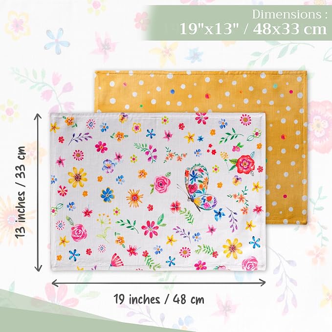 Maison d' Hermine Placemats Set of 4 Reusable 100% Cotton (13"x19") | Cloth Place Mats Washable Table Mats for Kitchen Dining Party Home Restaurant Spring Summer - Happy Florals - Sweety