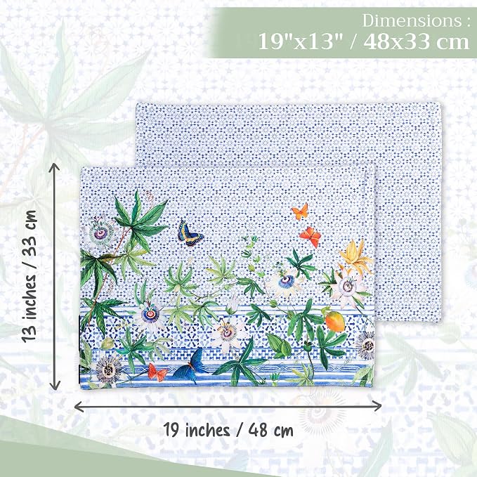 Maison d' Hermine Placemats Set of 4 Reusable 100% Cotton (13"x19") | Cloth Place Mats Washable Table Mats for Kitchen Dining Party Wedding Hotel Home Restaurant Spring Summer - Passiflora