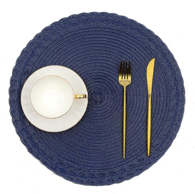 SHACOS Round Placemats Set of 6 Braided Border Fabric Woven Table Mats Washable 15 inch Circle Place Mats for Dining Table, Navy Blue (Pack of 2)