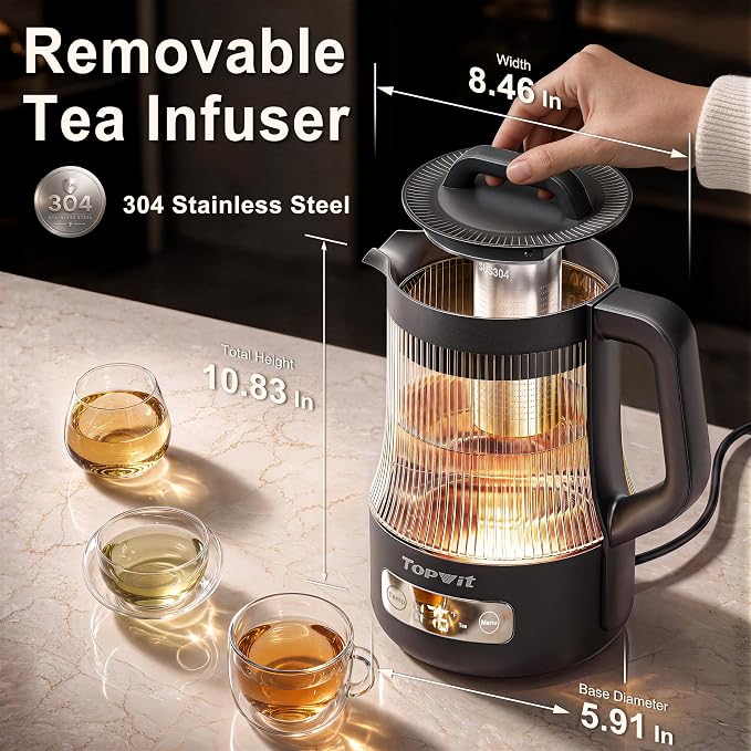 TOPWIT 1.6L Smart Glass Electric Kettle with Temperature Control ±9℉ | Removable Stainless Steel Tea Infuser, Digital Touchscreen, 12 Hours Keep Warm, Auto Shut-Off, Ideal For Family Use, Grey
