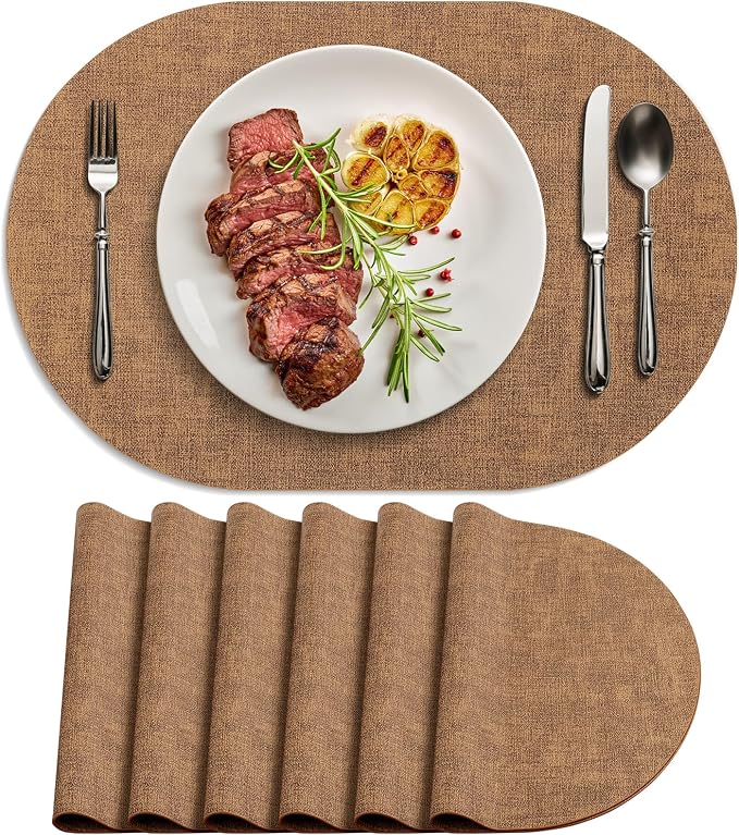 Placemats Set of 6 - Washable Heat Resistant Table Placemats - Wipeable Faux Leather Oval Place Mats, Waterproof Table Mats for Dining Table, Brown