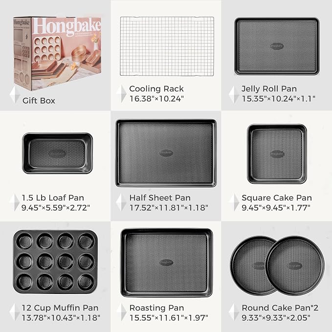 9-Piece Baking Pans Set Nonstick, Stackable Non Toxic Bakeware Sets with Diamond Texture, Oven Pan Set for Cooking, Includes Cookie Sheet with Rack, Cake Pan, Roasting Pan, Muffin Tin, Gray